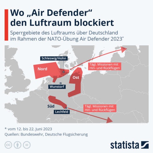 Infografik: Wo "Air Defender" den Luftraum blockiert | Statista