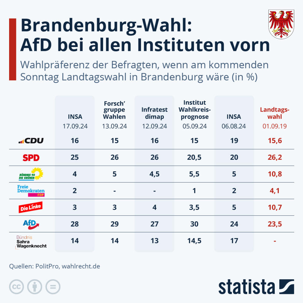 Infografik: Brandenburg-Wahl: AfD bei allen Instituten vorn | Statista